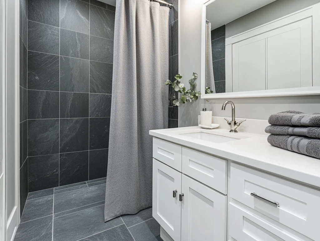 灰瓷砖白浴室台面