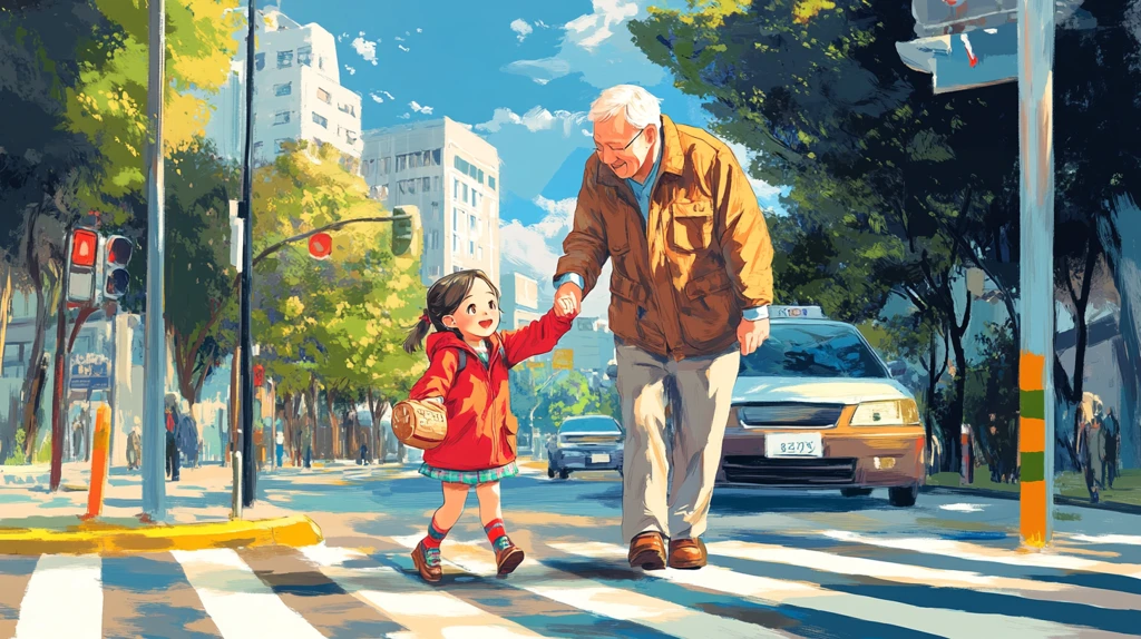 爷孙牵手过马路