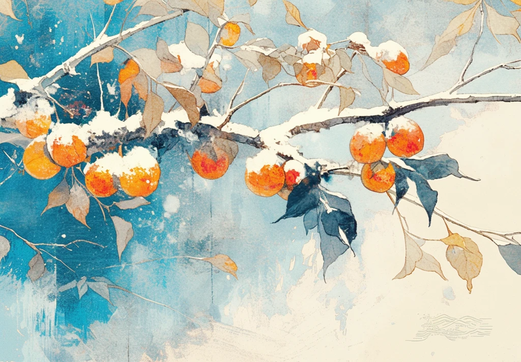 柿子挂枝雪中景