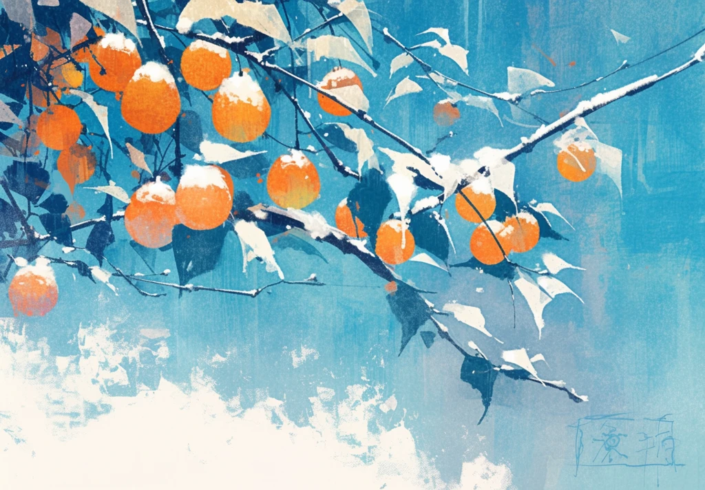 柿子挂枝雪中景