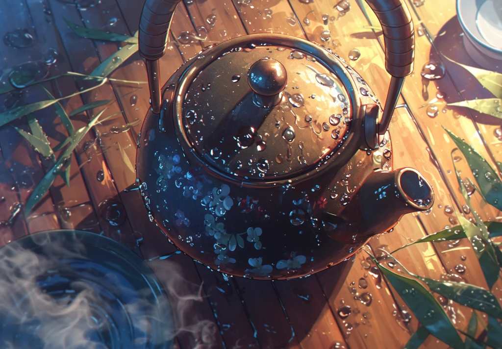 竹上露珠茶壶热