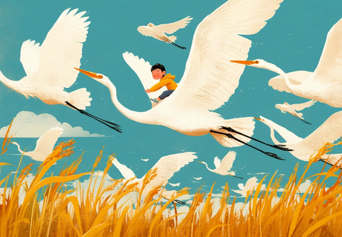 男孩与鹭鸟飞翔
