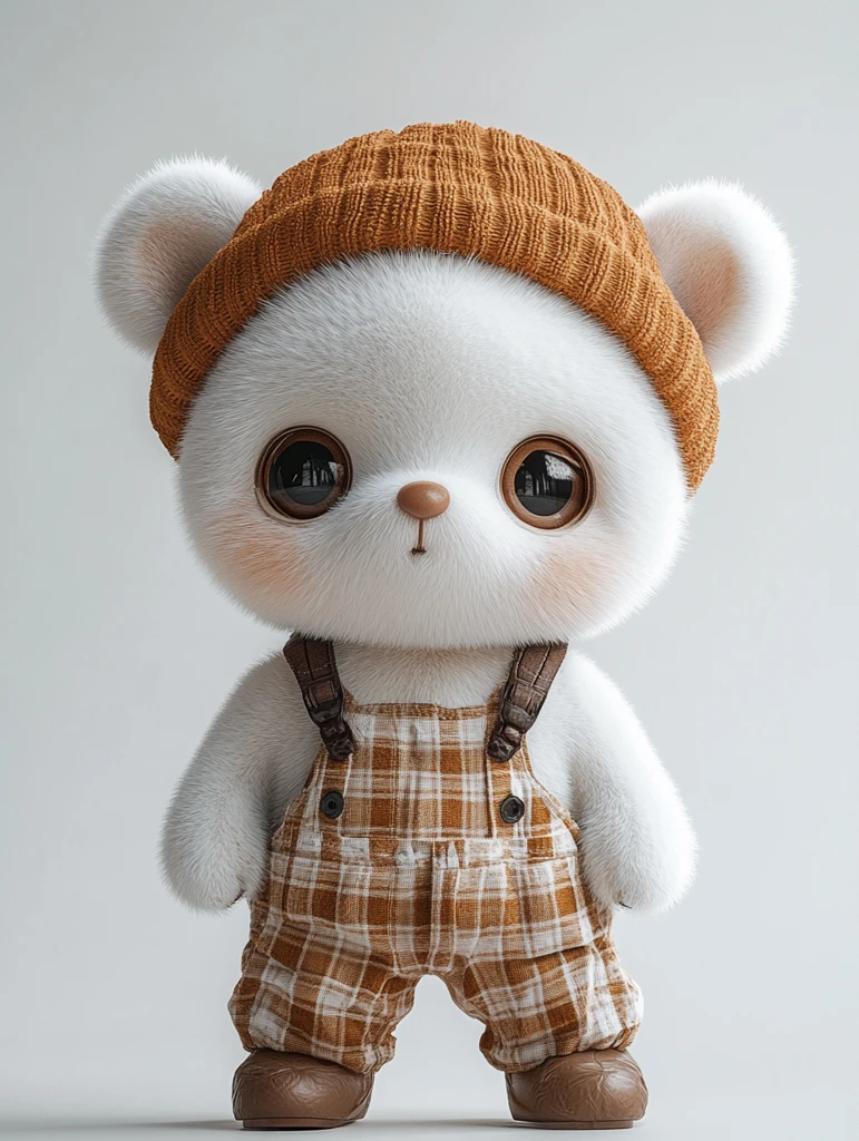 白色熊穿棕色帽子和背带裤