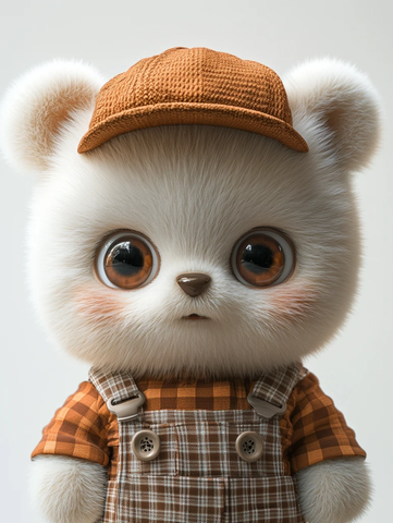 白色熊穿棕色帽子和背带裤