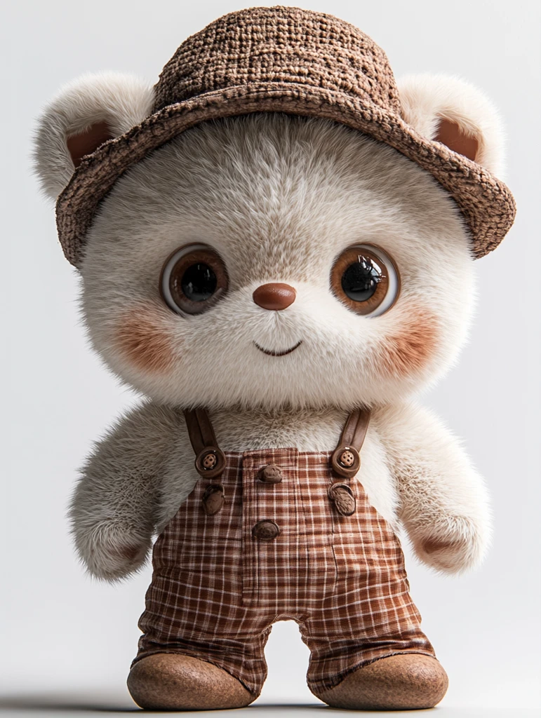 白色熊穿棕色帽子和背带裤