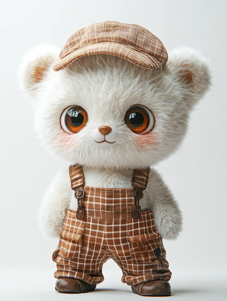 白色熊穿棕色帽子和背带裤