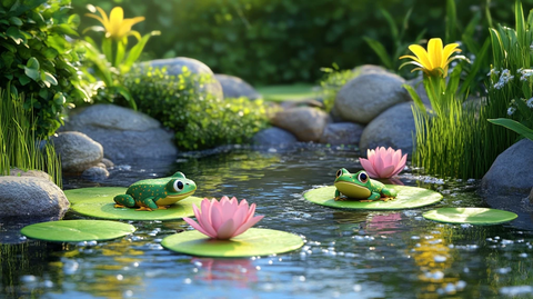 蛙跃莲叶间晨光映绿池