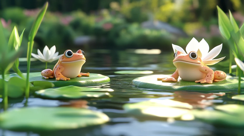 蛙跃莲叶间晨光映绿池