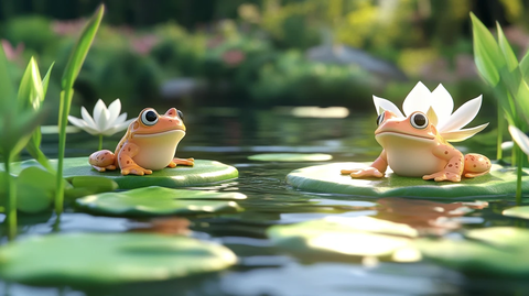 蛙跃莲叶间晨光映绿池