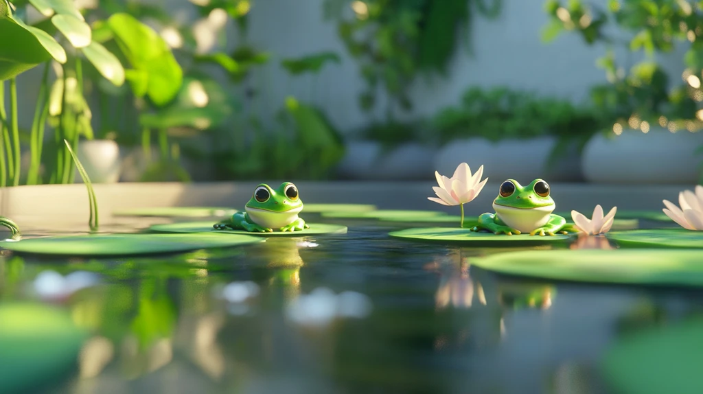 蛙跃莲叶间晨光映绿池