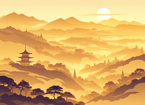 山水夕阳金光图