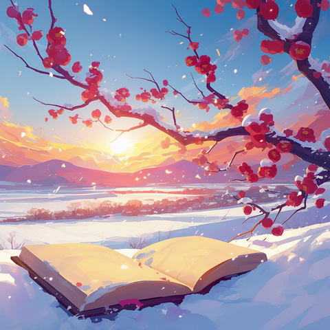 雪中红梅映夕阳