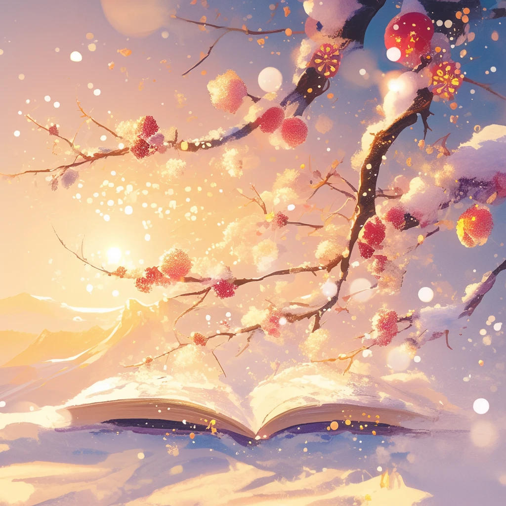 雪中红梅映夕阳