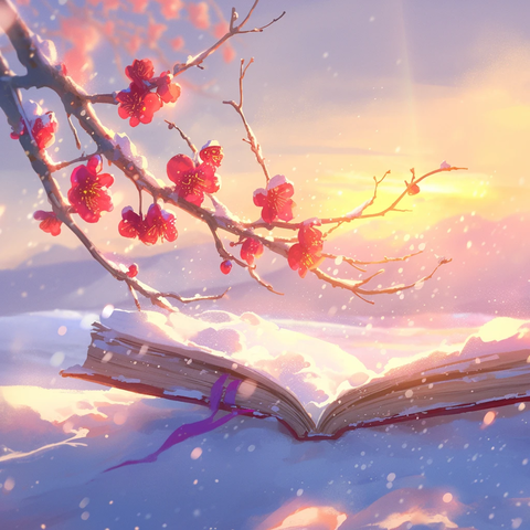 雪中红梅映夕阳