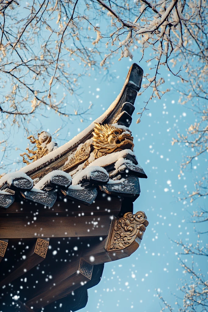中式屋檐雪景龙首