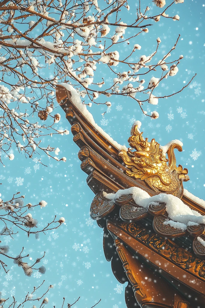 中式屋檐雪景龙首