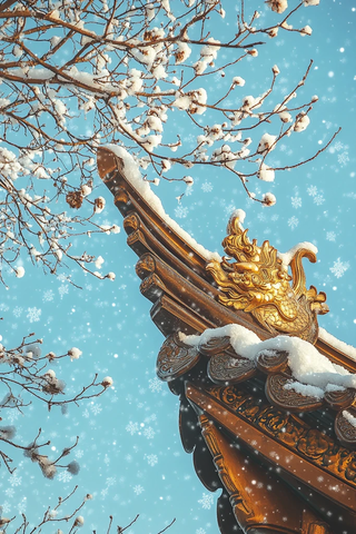 中式屋檐雪景龙首