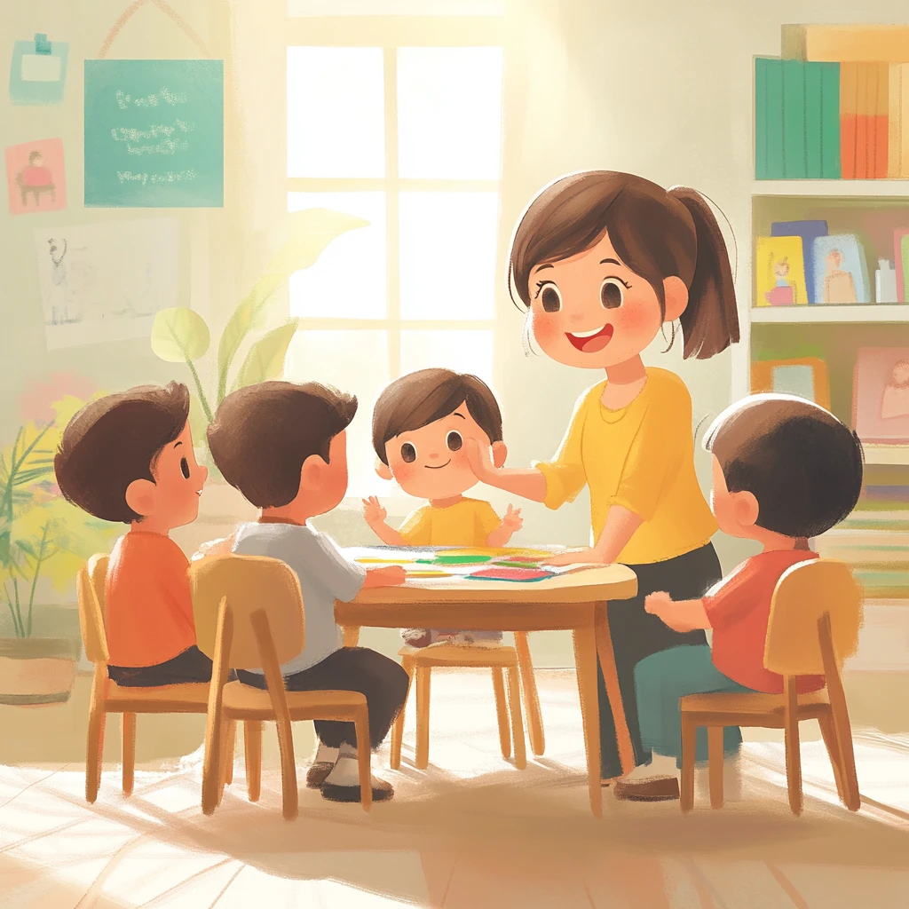 女老师教孩子画画