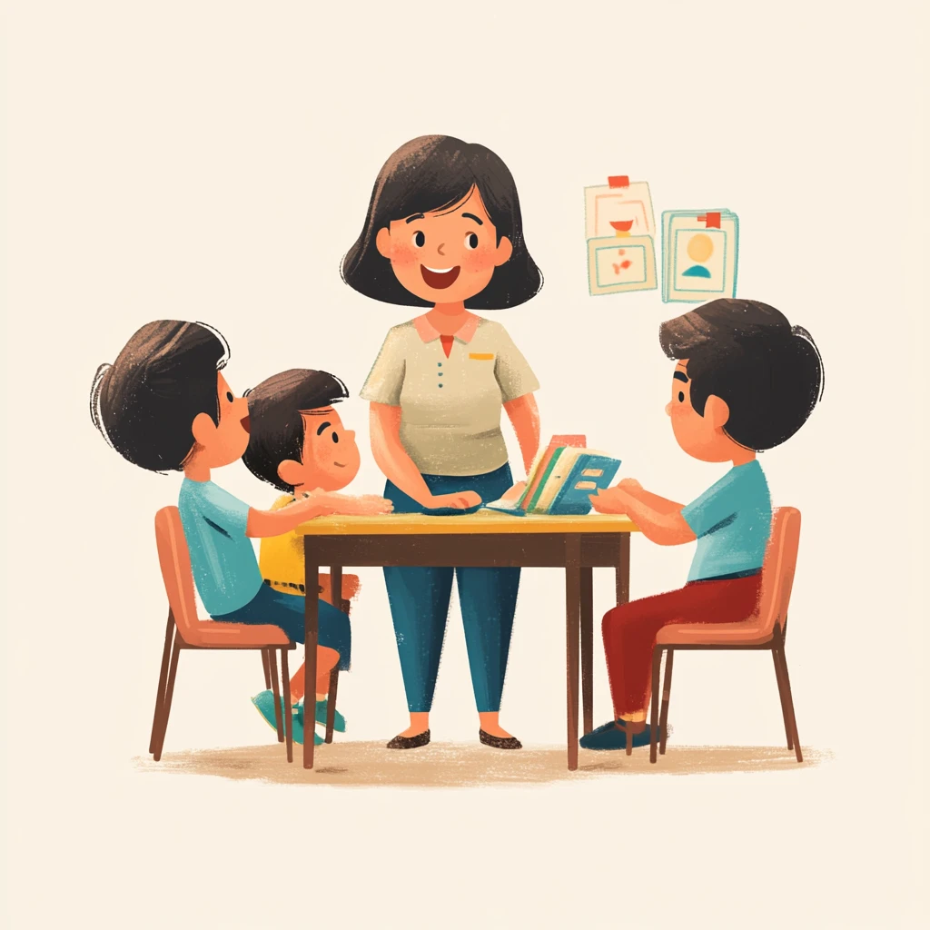 女老师教孩子画画