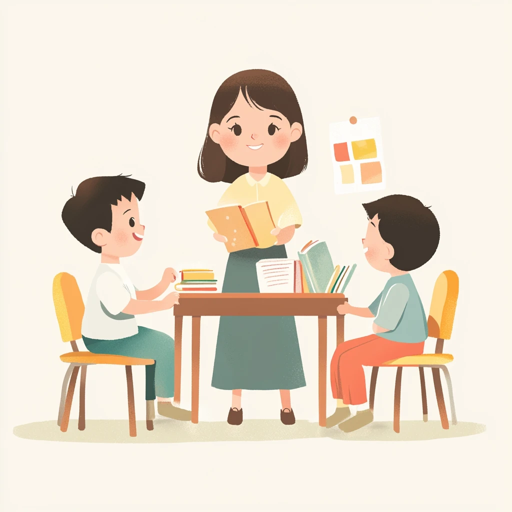 女老师教孩子画画