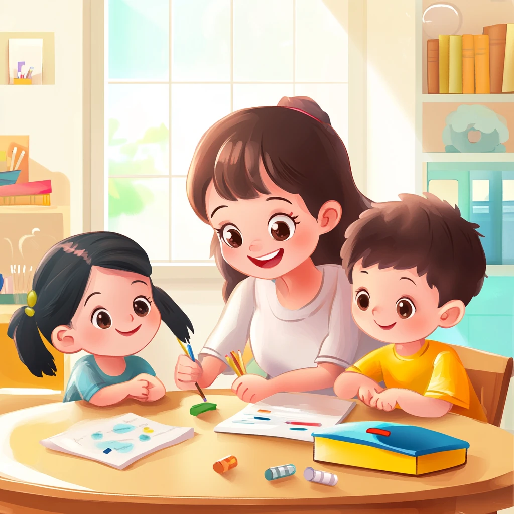 母亲教孩子做作业