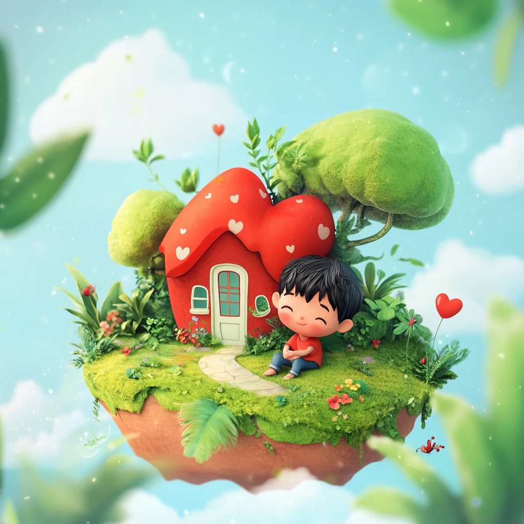 男孩坐在绿植岛