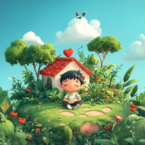 男孩坐在绿植岛