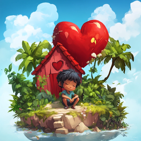 男孩坐在绿植岛