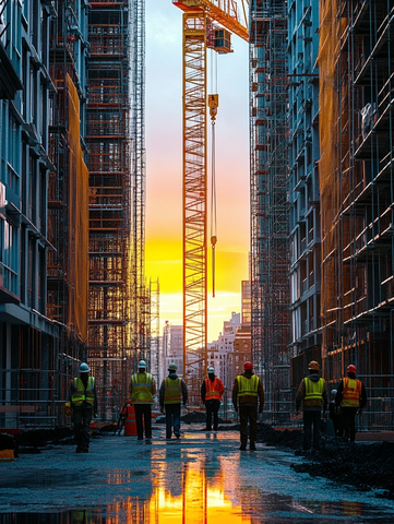 吊车与工人施工