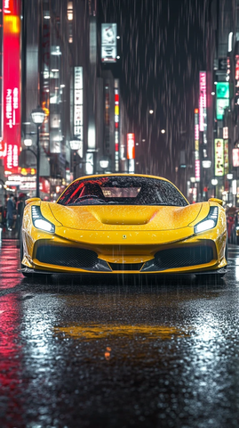 黄色法拉利行驶夜街