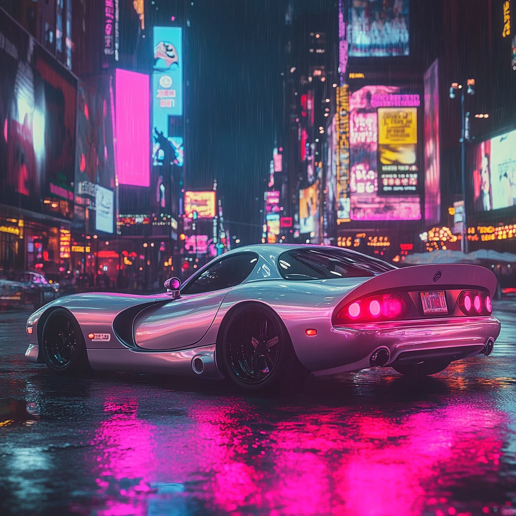 银色跑车雨夜霓虹