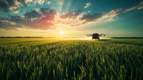 无人机喷洒水稻田