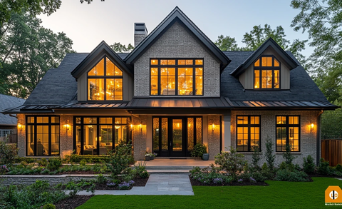 灰砖黑窗绿草坪