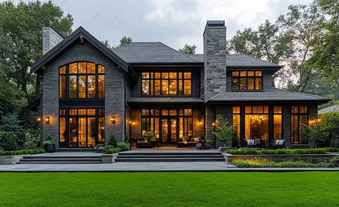 灰砖黑窗绿草坪