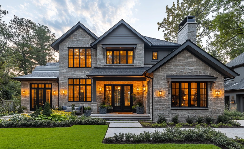 灰砖黑窗绿草坪