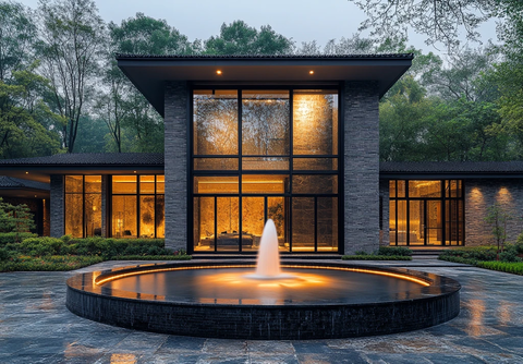 圆形水池与玻璃窗