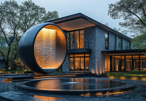 圆形水池与玻璃窗