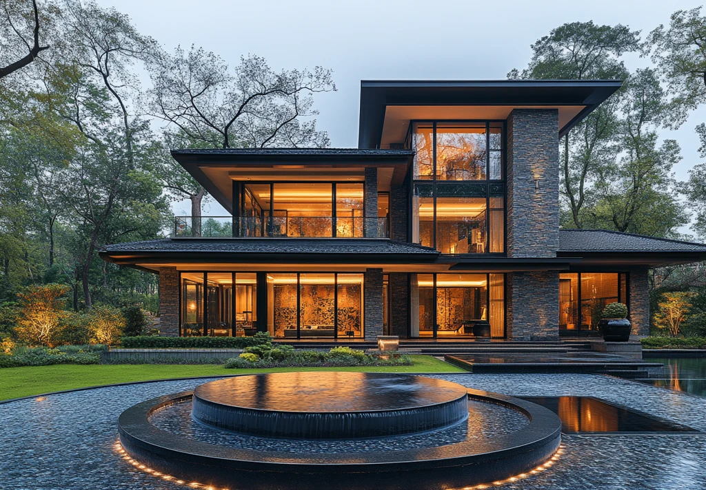 圆形水池与玻璃窗