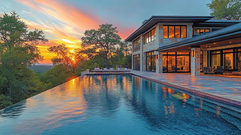 无边泳池夕阳图