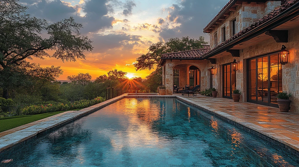 无边泳池夕阳图