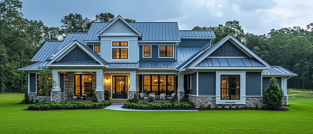 灰白木屋绿树环绕