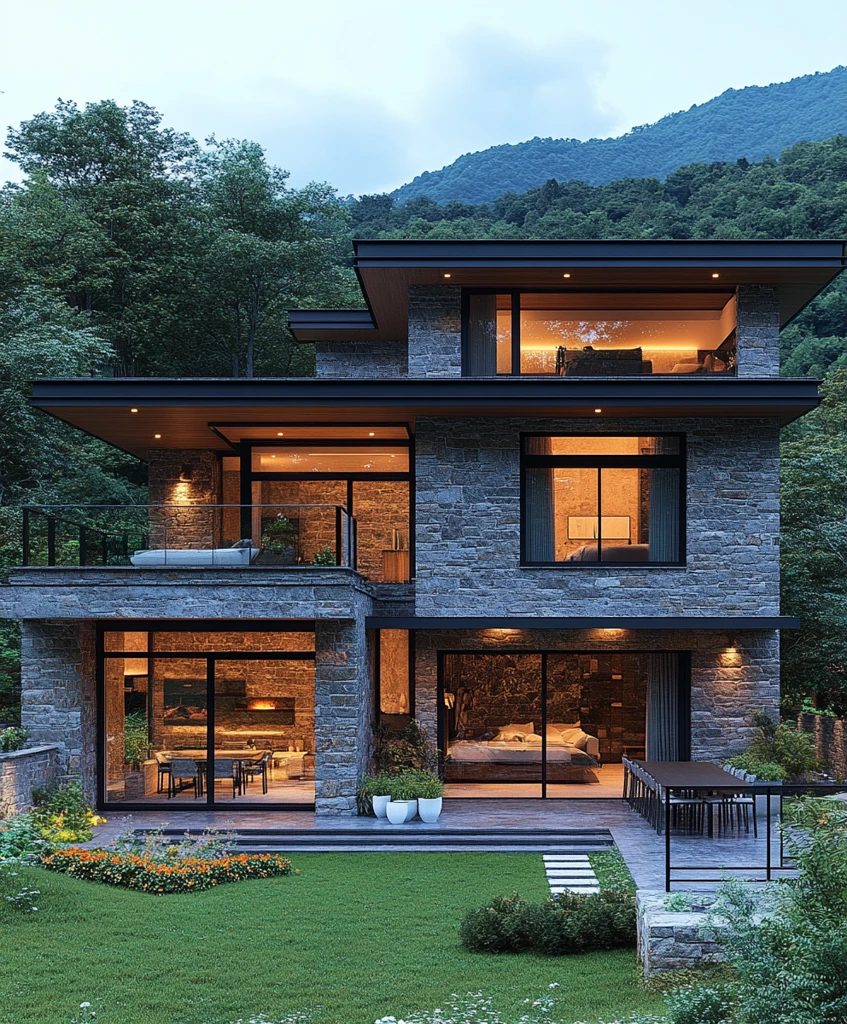 石墙木窗山景庭院