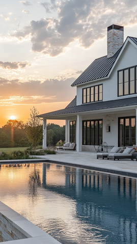 白色农舍泳池夕阳