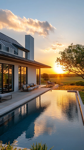 白色农舍泳池夕阳