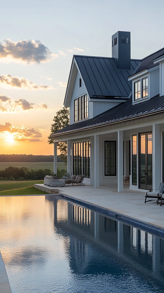 白色农舍泳池夕阳