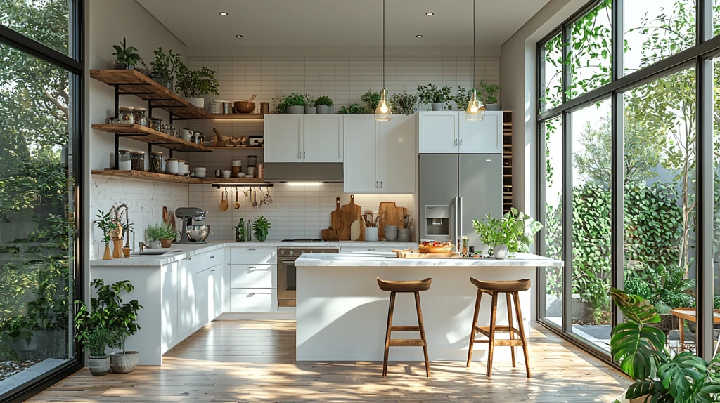 白色橱柜木质岛台