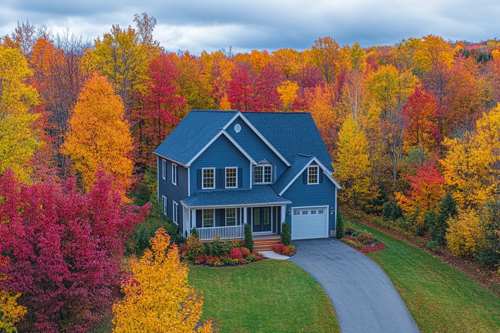 秋叶环绕的灰蓝屋