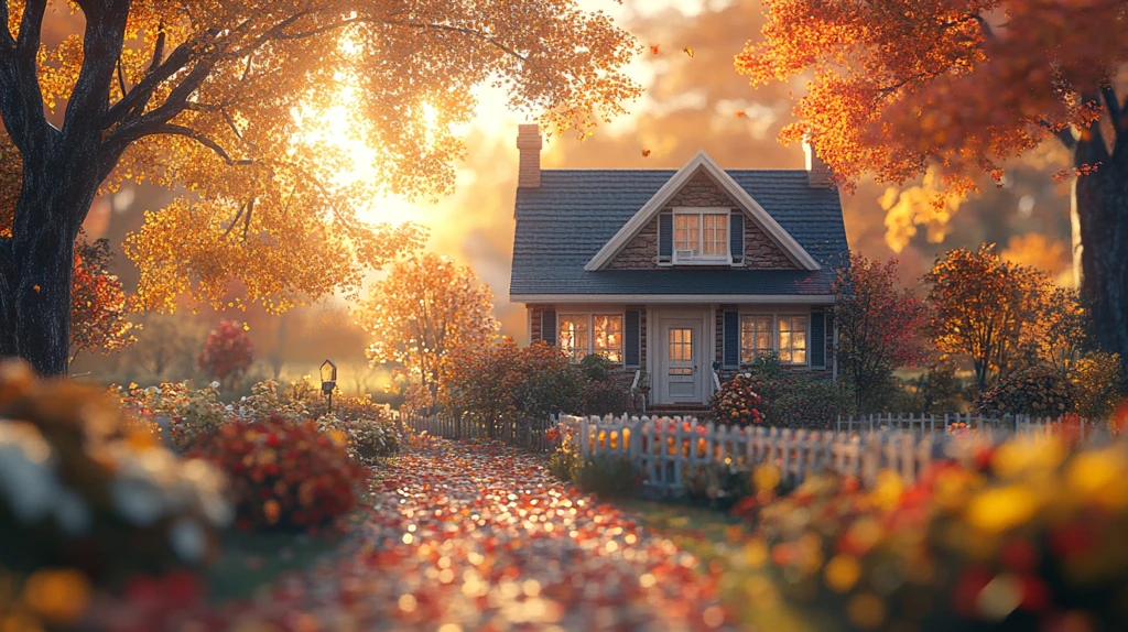 秋日晚霞映小屋