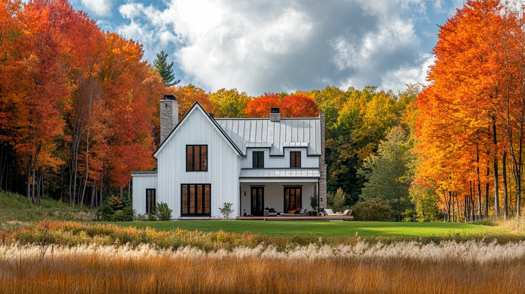 枫林中的白色房屋