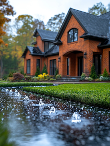 红砖房前洒水场景